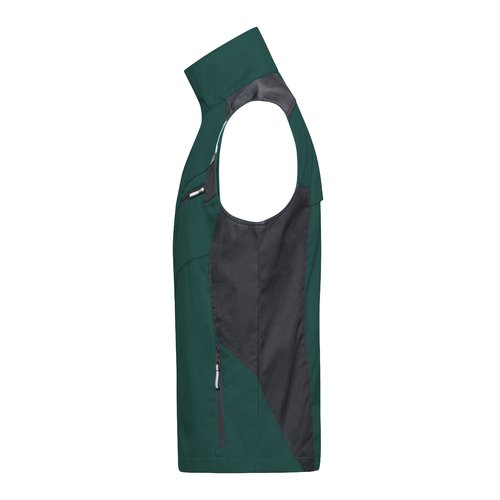 Mrkegrn/sort arbejdsvest fremstillet af polyester-bomuldsblanding med lynlslommer.