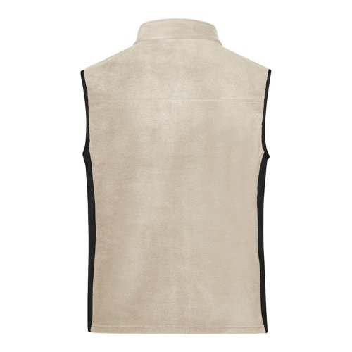 Beige/sort polyester fleece vest med stand-up krave.