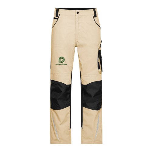 Beige/sorte arbejdsbukser i polyester-bomuldsblanding med lommer.
