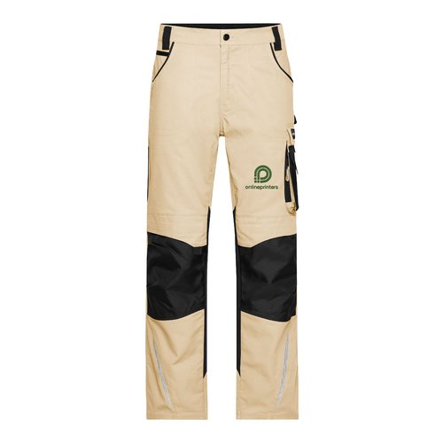 Beige/sorte arbejdsbukser i polyester-bomuldsblanding med flere lommer.