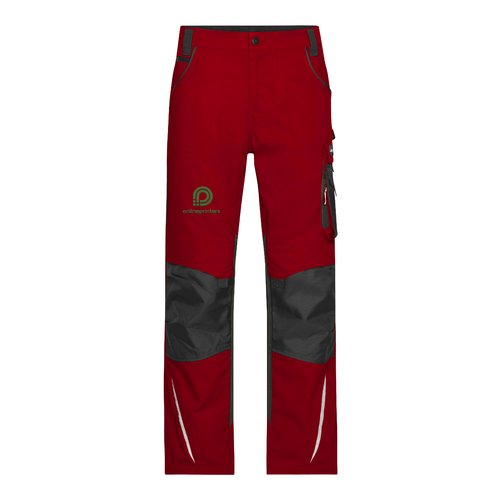 Rde og sorte arbejdsbukser i polyester-bomuldsblanding med flere lommer.
