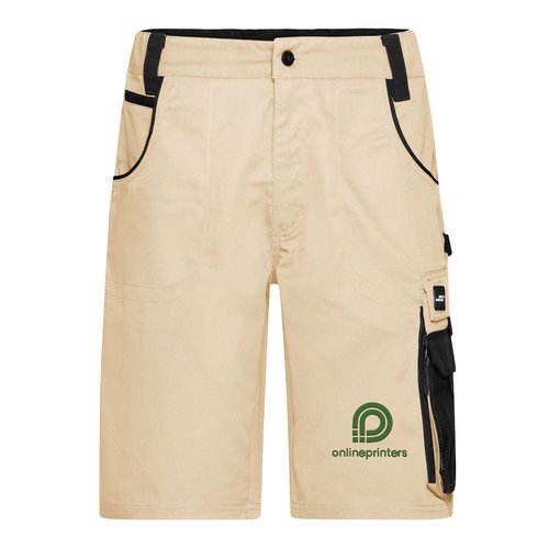 Beige/sorte arbejdsshorts i polyester-bomuldsblanding med flere lommer.