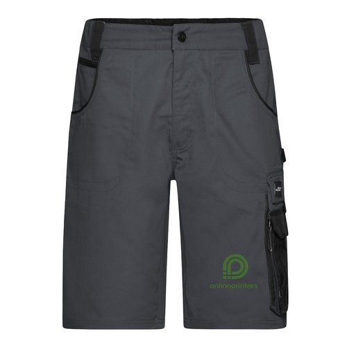 M�rkegr�/sorte arbejdsshorts fremstillet af polyester-bomuldsblanding med lommer.