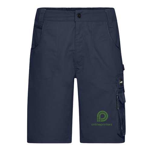 Marinebl� arbejdsshorts lavet af polyester-bomuldsblanding med flere lommer.