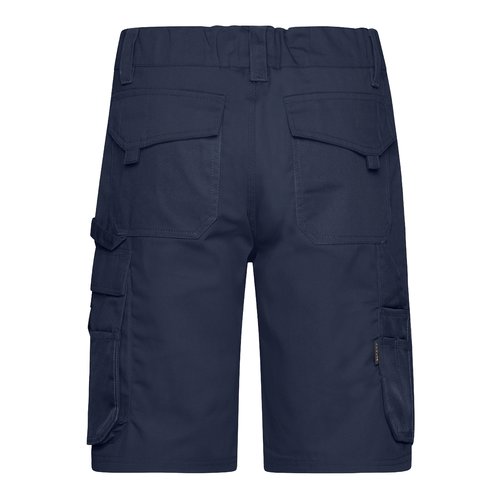 Marinebl arbejdsshorts fremstillet af polyester-bomuldsblanding med flere lommer.