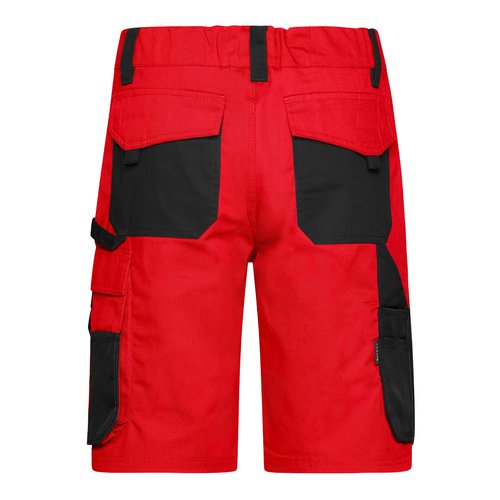 Rde og sorte arbejdsshorts lavet af polyester-bomuldsblanding med flere lommer.