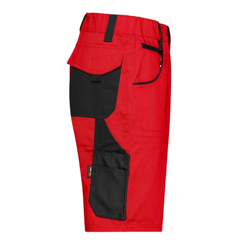 Rde og sorte arbejdsshorts i polyester-bomuldsblanding med flere lommer.