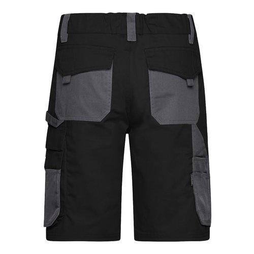 Sort og gr arbejdsshorts i polyester-bomuldsblanding med flere lommer.