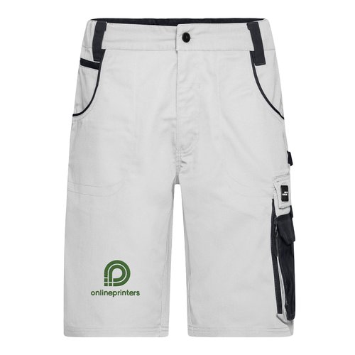Hvide og gr arbejdsshorts i polyester-bomuldsblanding med flere lommer.