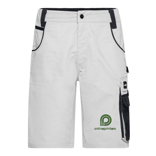 Hvide og gr� arbejdsshorts lavet af polyester-bomuldsblanding med flere lommer.
