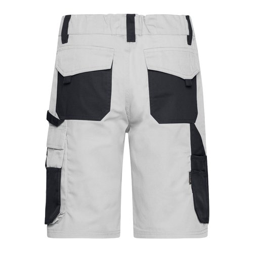 Hvide og gr arbejdsshorts i polyester-bomuldsblanding med flere lommer.