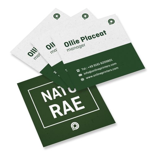 Naturfarvede visitkort af miljvenligt papir, trykt p begge sider.