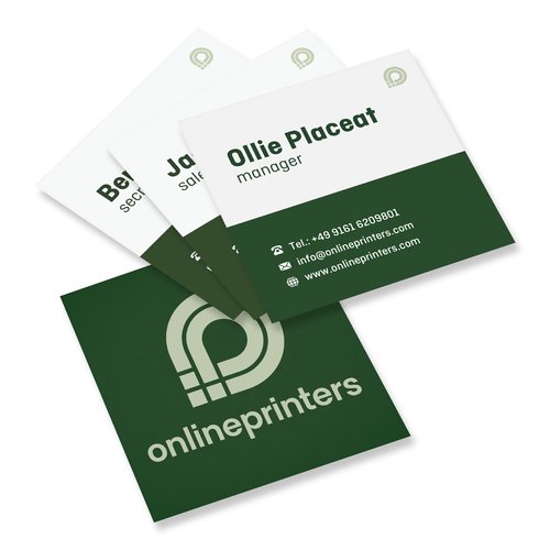 Firkantede visitkort af papir, trykt p begge sider.