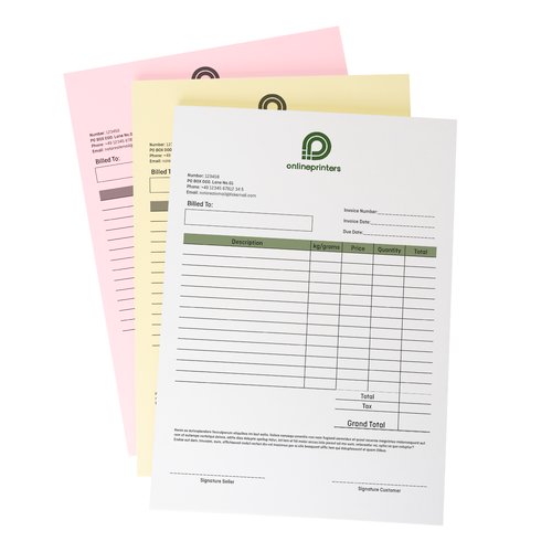 Stabler af selvkopierende st i lodret format med rosa, gult og hvidt papir