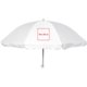 Hvid stof parasol med metalramme og afrundede kanter.