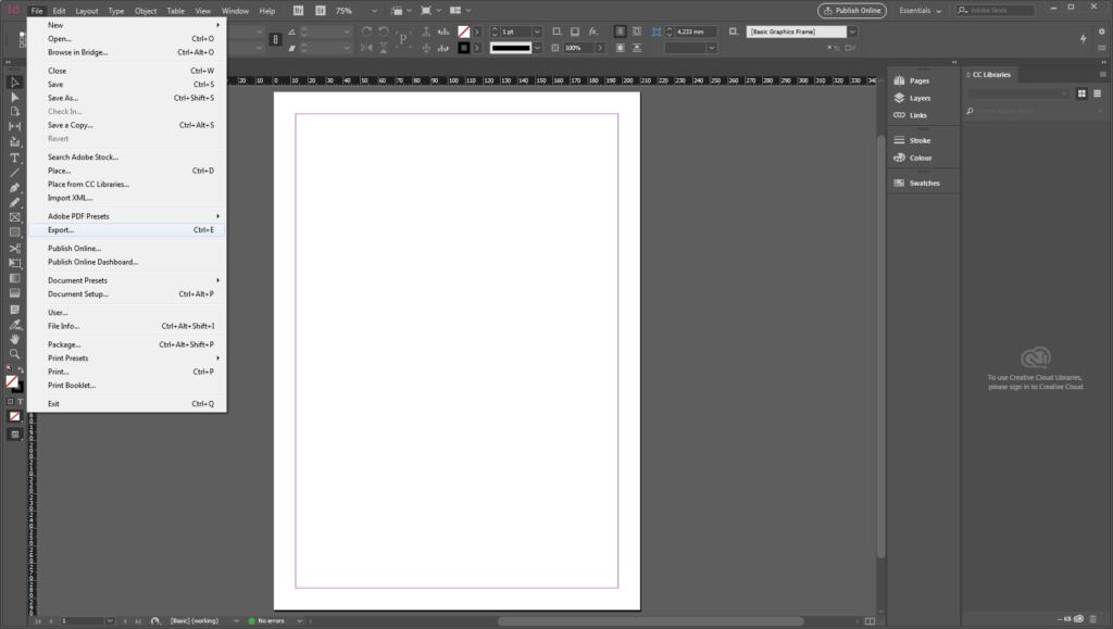 Skærmbillede af Adobe InDesign med et tomt dokument åbent. Menuen Filer er udvidet og viser muligheder som Ny, Åbn, Gem, Placer, Eksporter og pdf tryk. Arbejdsområdet vises i mørk tilstand for nem visning.