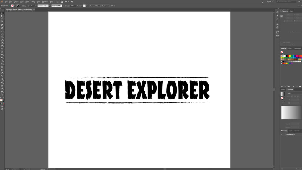 Skærmbillede af Adobe Illustrator, der viser fed, tekstureret sort tekst, der læser DESERT EXPLORER, centreret på en hvid baggrund med vandrette linjer. Værktøjslinjer er synlige rundt om i arbejdsområdet – perfekt til at demonstrere, hvordan man opretter trykfiler.
