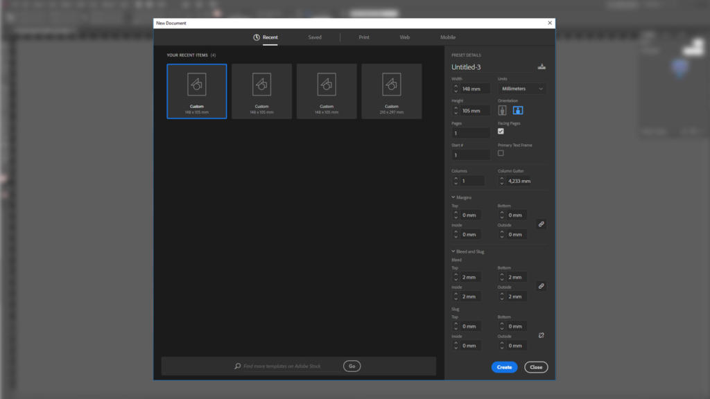 Skærmbillede af Adobe Photoshops nye dokument-vindue, der byder på muligheder for seneste filer, dokumentstørrelse, orientering, opløsning, farvetilstand og avancerede indstillinger – ideel til opret trykfiler på en slank mørk brugergrænseflade.