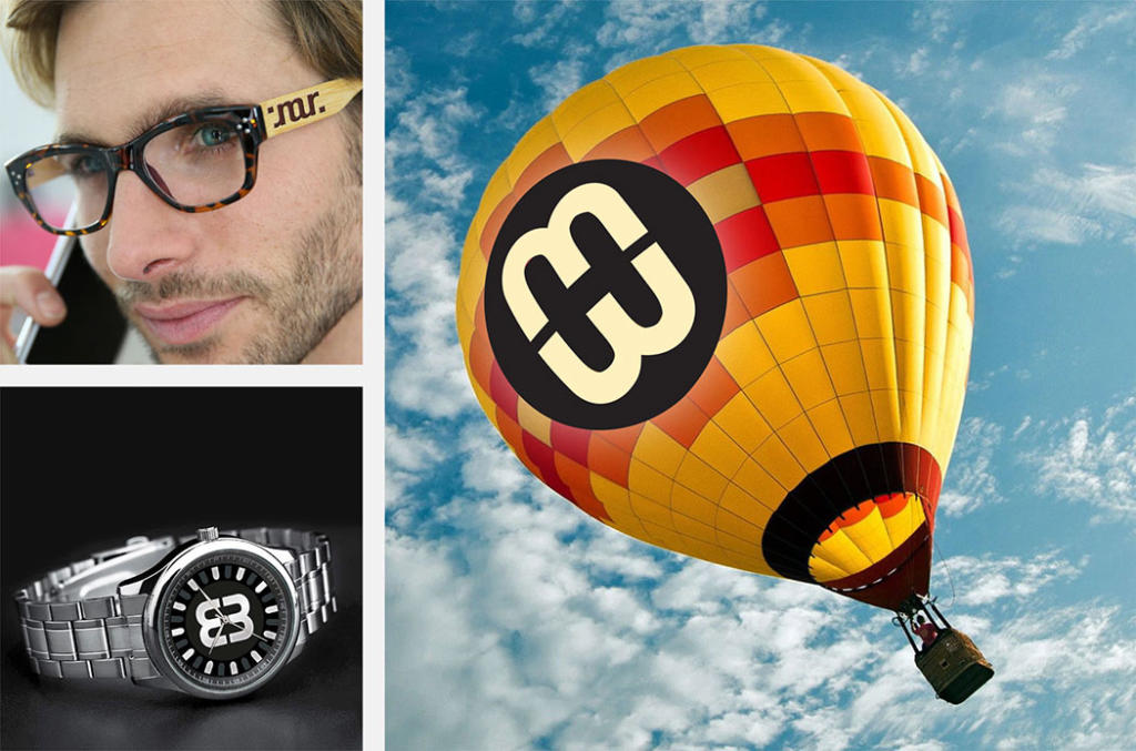 En collage viser en mand iført briller med mønstrede stel, et nærbillede af et armbåndsur og en gul og orange luftballon, alle med et fedt sort og hvidt ambigram logo.