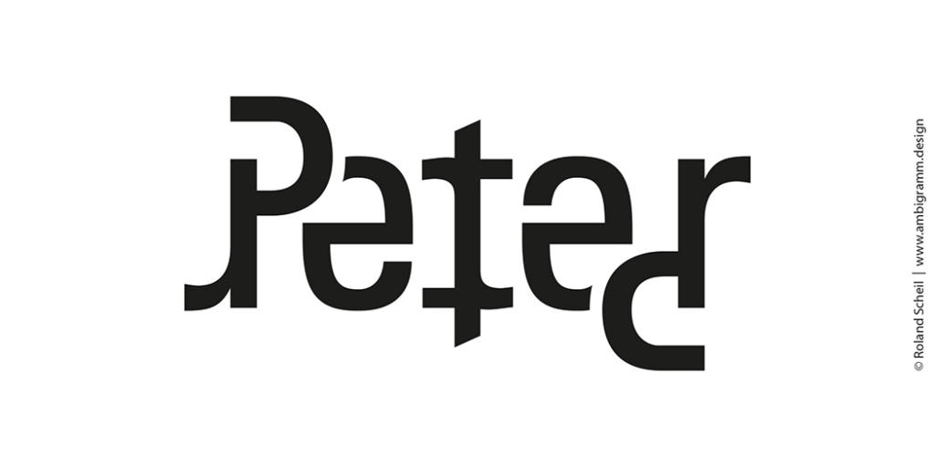Ordet Peter er skrevet med sorte, stiliserede bogstaver som et ambigram, så det lyder det samme, når det vendes på hovedet. Baggrunden er hvid.