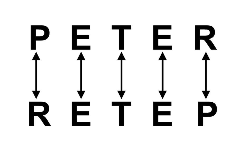 Ordet PETER er skrevet ovenpå, og RETEP står under det. Lodrette pile forbinder hvert matchende bogstav og skaber et visuelt ambigram, der illustrerer, at RETEP er PETER stavet baglæns.