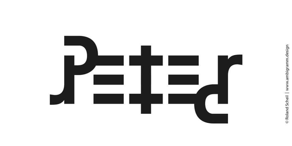 Ordet Peter er designet som et ambigram, hvor hvert bogstav kreativt spejles eller roteres, så navnet kan læses fra flere vinkler. Fed, sorte linjer fremhæver det stiliserede look på en hvid baggrund.