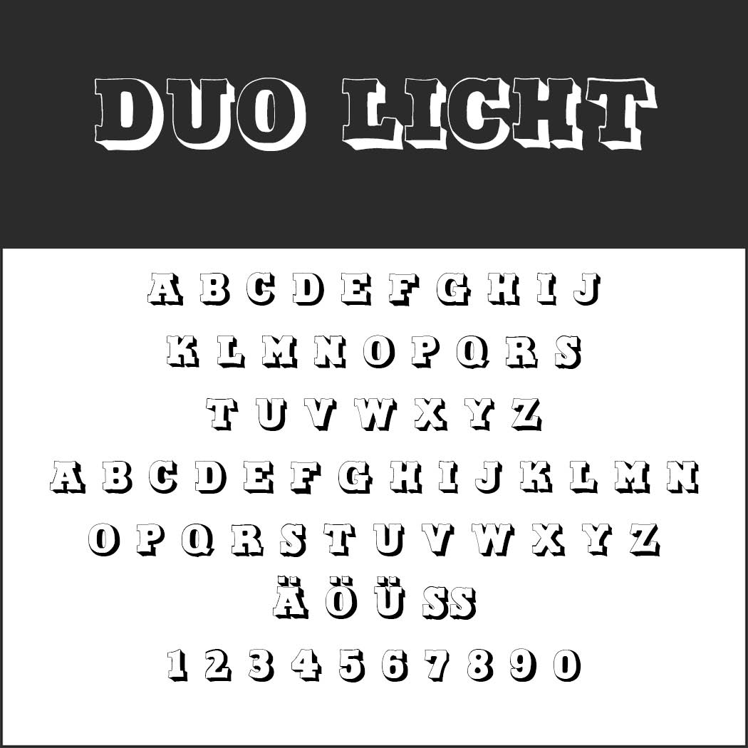 En fed, omridset stencil-stil skrifttype ved navn DUO LICHT vises på et sort banner med store bogstaver A-Z, Ä, Ö, Ü, ß og tallene 0-9 vist nedenfor på en hvid baggrund.