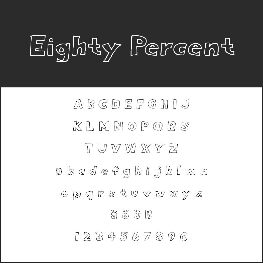 Håndtegnet skrifttypeeksempel med navnet Eighty Percent vises med store bogstaver, små bogstaver, specialtegn (ä, ö, ü) og tallene 0-9, med sort baggrund for titlen og hvid baggrund for tegnene.