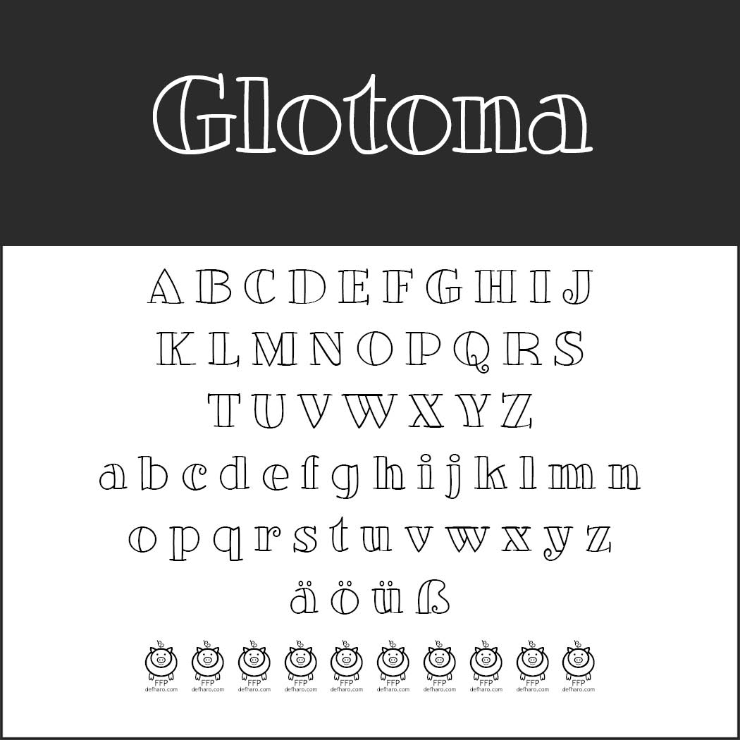 Alfabeteksempelark til skrifttypen "Glotona", der viser store, små og specielle tegn, med stiliserede stregtegninger af tegneserieansigter og skrifttypenavnet øverst med fede bogstaver.