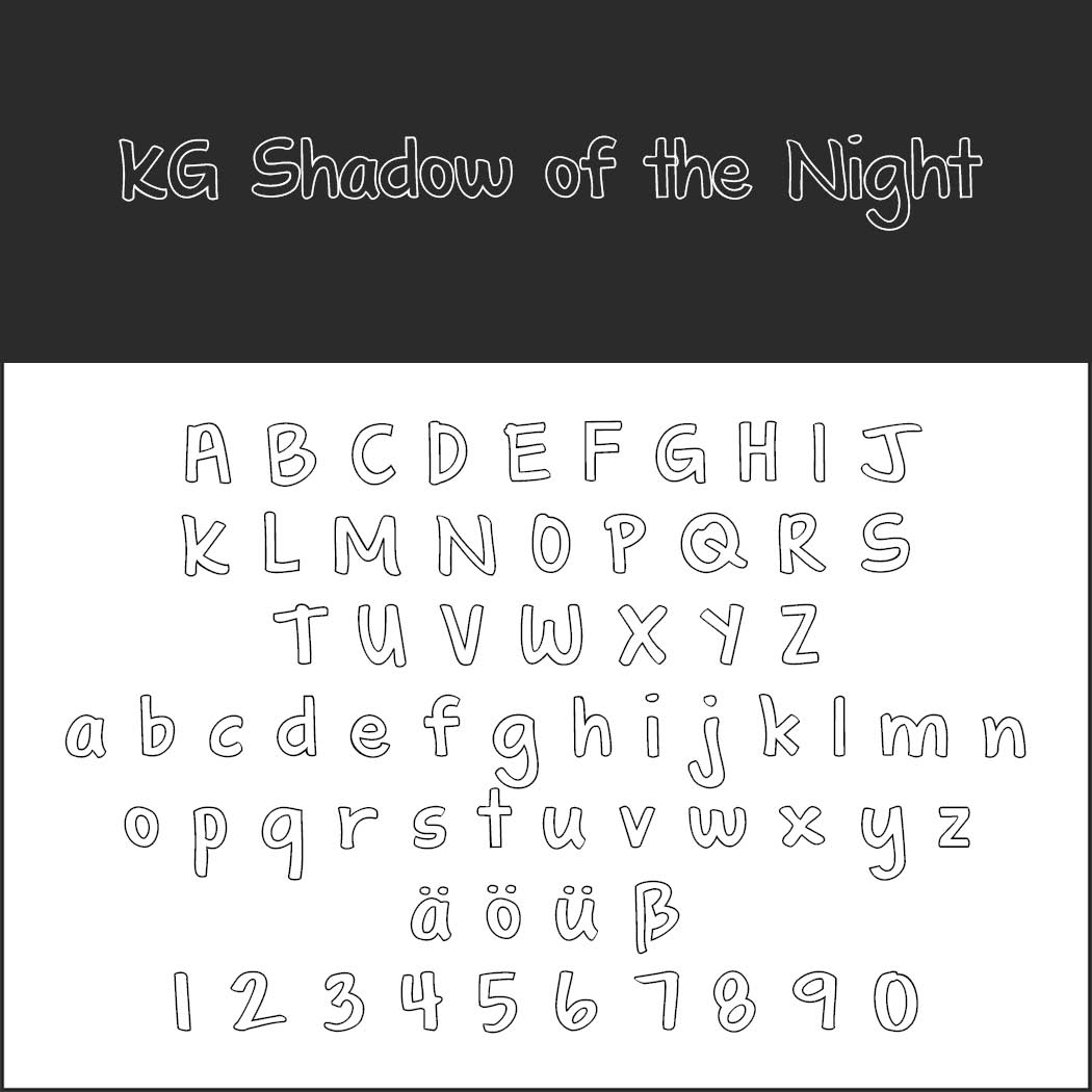 Et eksempel på KG Shadow of the Night-skrifttypen, der viser store og små bogstaver, tyske umlyde (ä, ö, ü, ß) og tallene 0-9, alt sammen i skitseret, legende håndskriftstil.
