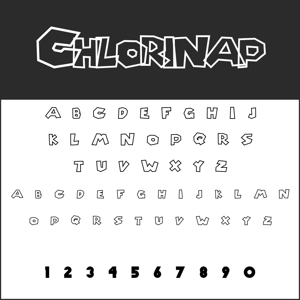 Et display, der viser ordet Chlorinap i en fed, omridset, stiliseret skrifttype inspireret af Super Mario-skrifttypen. Nedenfor er store og små bogstaver i alfabetet og tallene 0-9 i den samme skitserede skrifttype.