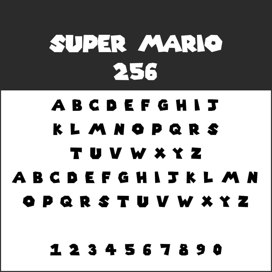 En skærm, der viser Super Mario skrifttype 256-skrifttypen med store bogstaver og tal, med en legende, blokeret og uregelmæssig stil. Karaktererne vises i sort på en hvid baggrund.