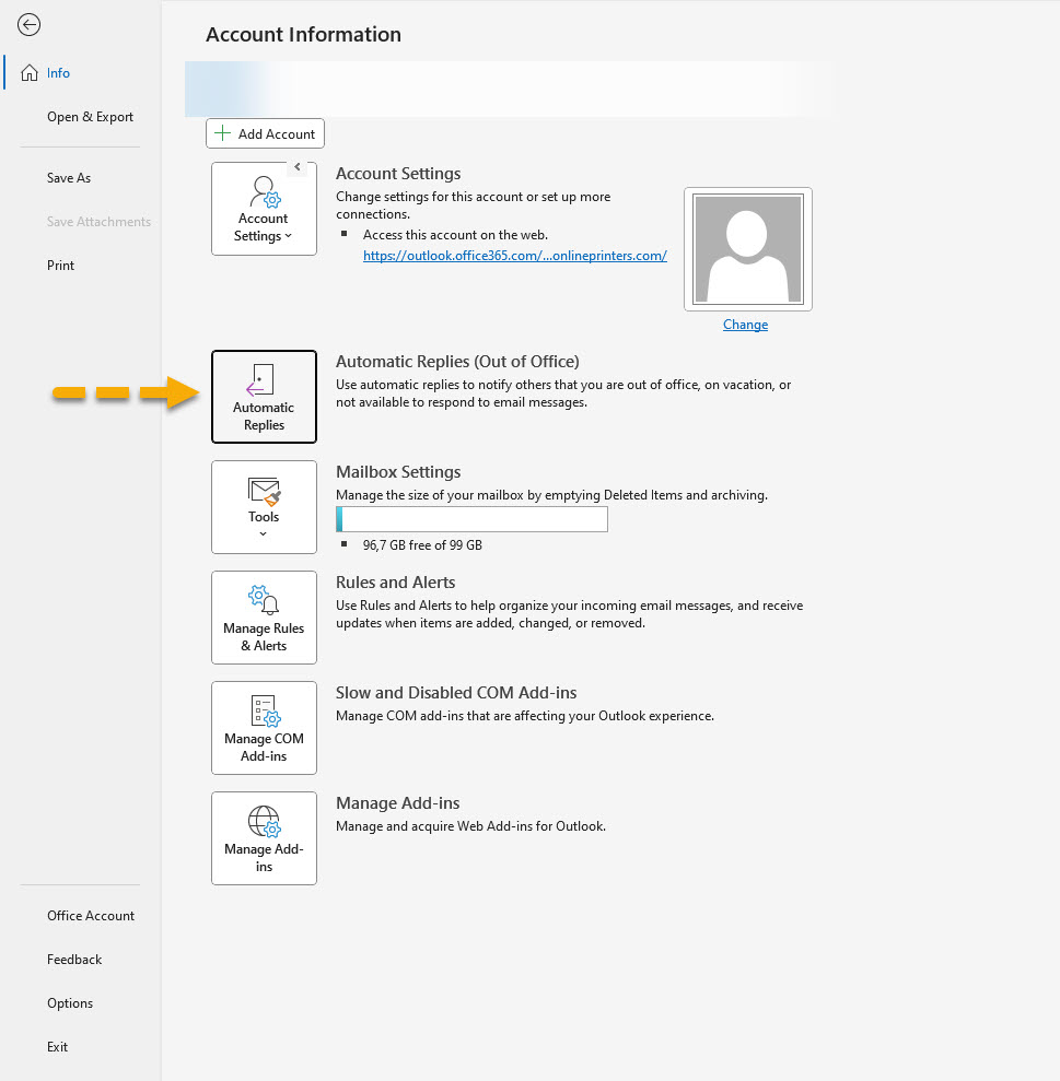 Screenshot - Microsoft Outlook-kontooplysninger