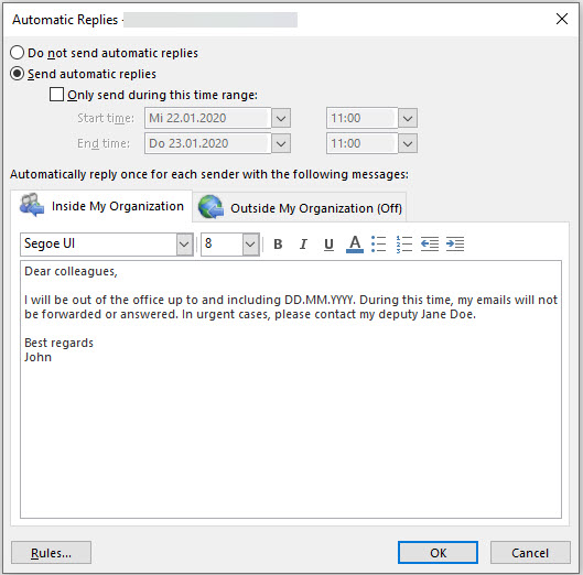 Outlook-vindue til redigering af det automatiske svar